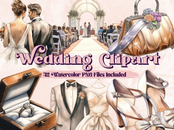 42 Watercolor Wedding Clipart PNGs for Your Projects