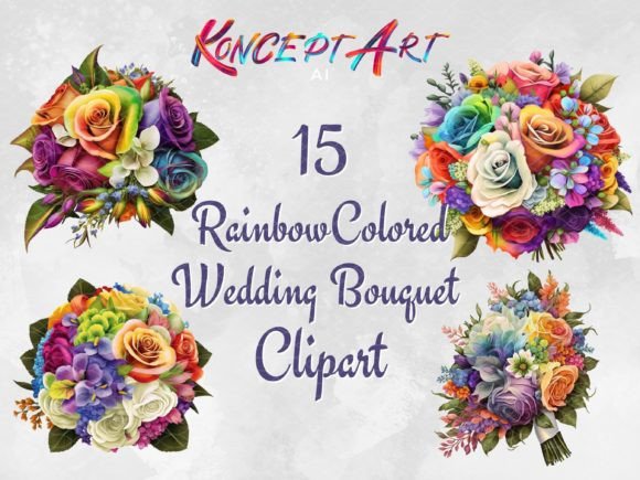 Colorful Floral Designs: 15 X Rainbow Wedding Bouquet Clipart