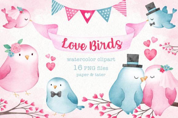 Enchanting Watercolor Wedding Love Birds Clipart